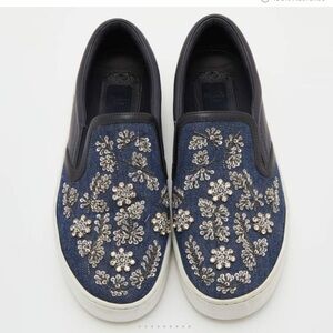 Dior Blue/Black Denim and Leather Happy Crystals Slip On Sneakers 36 1/2